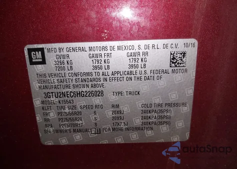 2017 GMC Sierra 1500 Slt z USA, uszkodzony, nr VIN 3GTU2NEC6HG226028